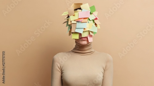 Person with head covered in colorful sticky notes symbolizing mental overload, stress, and burnout. Conceptual representation of information overload and cognitive pressure photo