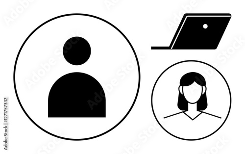 Two black silhouette user avatars in circles, one generic and one female, alongside a black laptop outline. Ideal for user profiles, online meetings, digital communication, remote work, connectivity