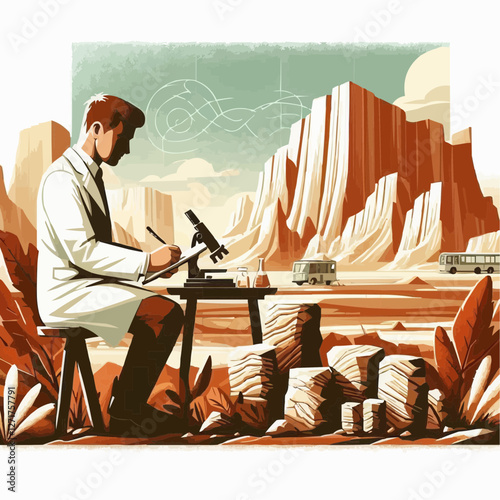Geologist studying rock samples with microscope in desert landscape setting
