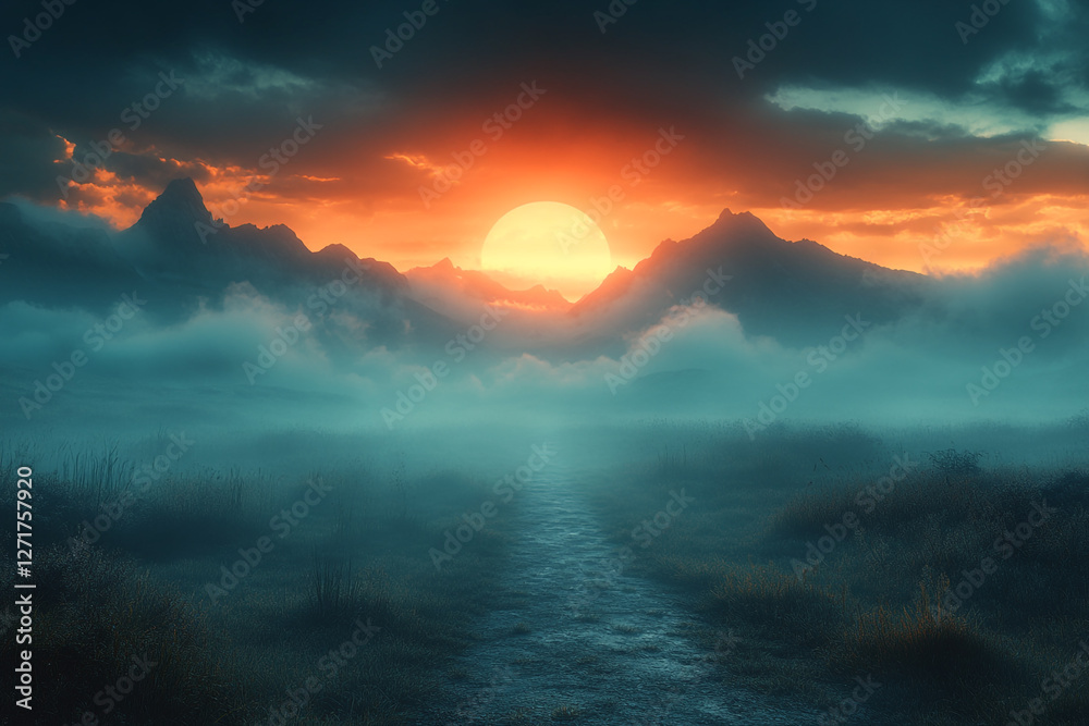 Obraz premium Ethereal Dawn, Mountains Awash in Mists and Golden Sunrise Hues