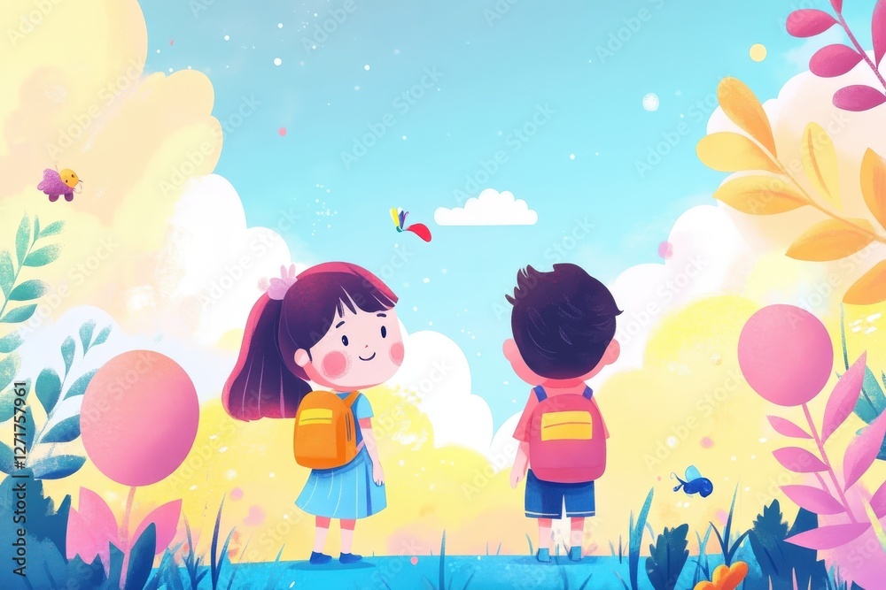 Pupils walking towards bright future in colorful fantasy landscape Pupils walking towards bright future in colorful fantasy landscape