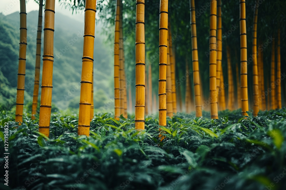 Obraz premium Golden Bamboo Canopy, A Serene Forest View with Lush Green Foliage