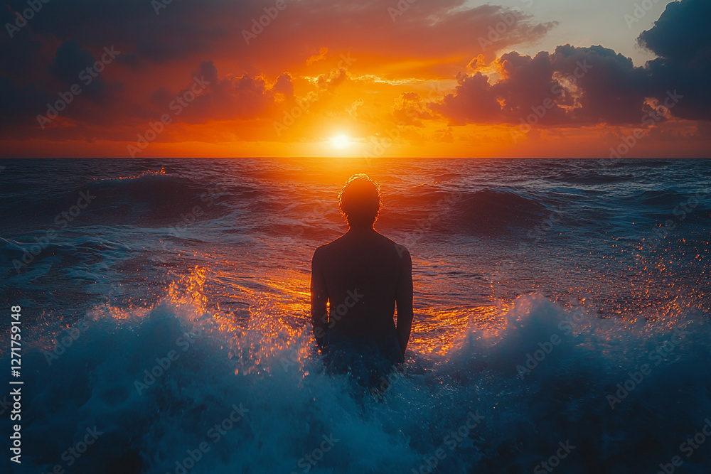 Obraz premium Golden Hour Solitude, A figure stands in the ocean bathed in sunset light