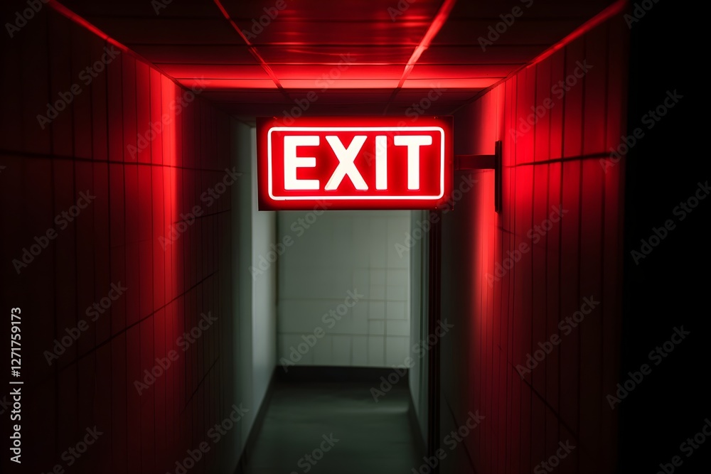Illuminated red exit sign in dark corridor with neon lighting. Emergency escape route in building interior. Dramatic urban nightlife atmosphere. Illuminated red exit sign in dark corridor with neon lighting. Emergency escape route in building interior. Dramatic urban nightlife atmosphere.