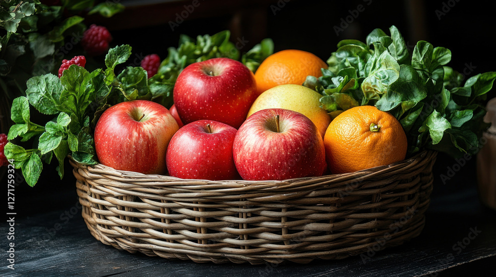 Seasonal produce basket filled with fresh apples, oranges, and leafy greens in a kitchen setting Seasonal produce basket filled with fresh apples, oranges, and leafy greens in a kitchen setting