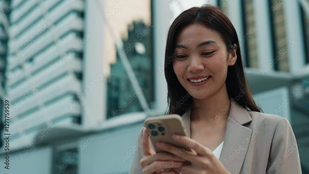 Portrait of Thai woman texting on smartphone near office