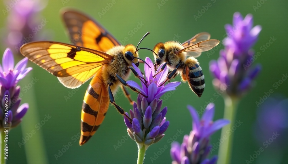 Hawk moth sipping nectar from a fragrant lavender flower, moth, honey bee, insects Hawk moth sipping nectar from a fragrant lavender flower, moth, honey bee, insects