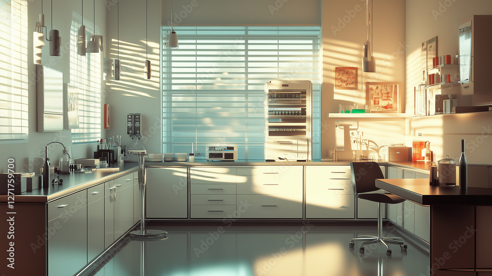 Obraz premium A modern laboratory with sophisticated medical instruments arranged neatly on counters, soft lighting casting gentle shadows