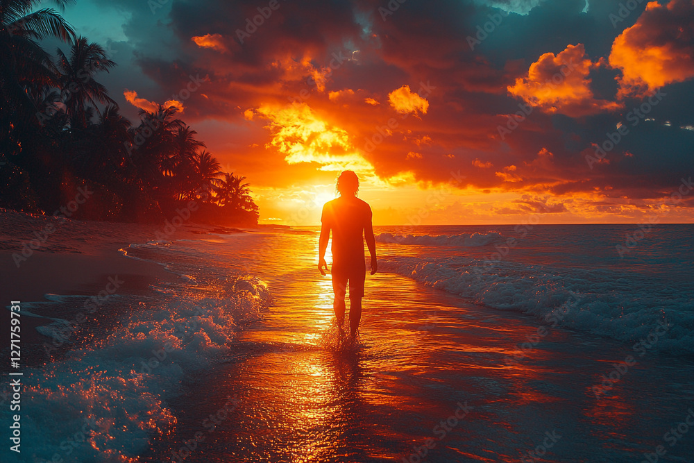 Fototapeta premium Silhouette Wanderer, A Beach Stroll Amidst Fiery Sunset Skies