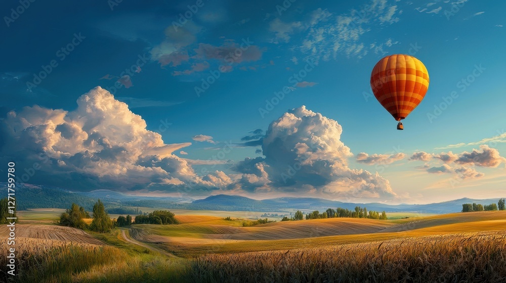 Obraz premium Colorful Hot Air Balloon Floating Above Golden Wheat Fields