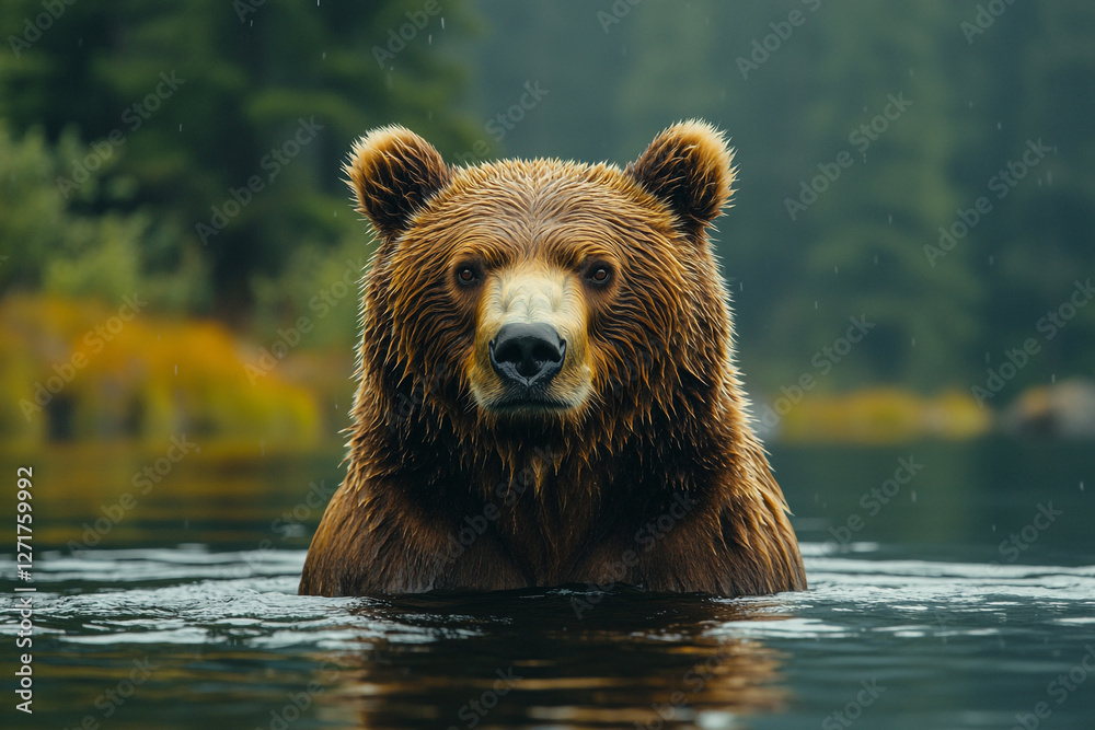 Grizzly's Lakeside Stroll, A Majestic Encounter in Serene Waters Grizzly's Lakeside Stroll, A Majestic Encounter in Serene Waters