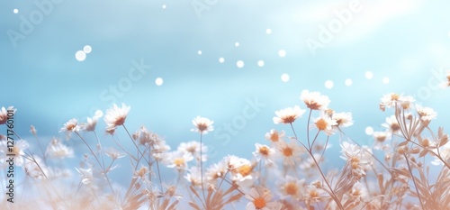 spring background with daisies and white flowers, a light blue sky with small sparkles of snowflakes in the air, a fresh spring atmosphere, a nature concept, a banner design with copy space 