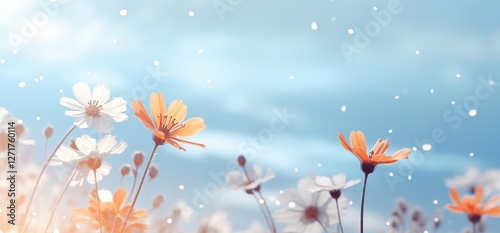 spring background with daisies and white flowers, a light blue sky with small sparkles of snowflakes in the air, a fresh spring atmosphere, a nature concept, a banner design with copy space 