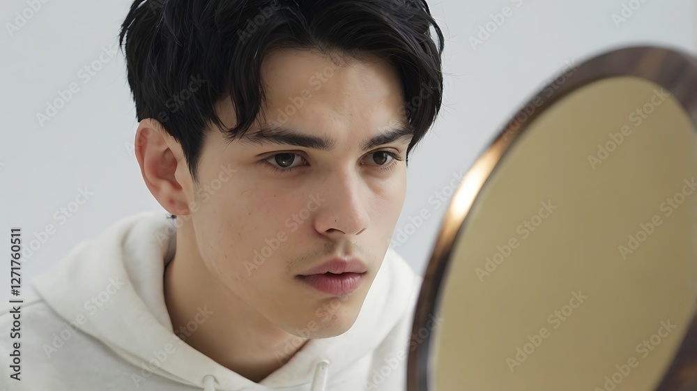 portrait of a handsome young man looking into mirror portrait of a handsome young man looking into mirror
