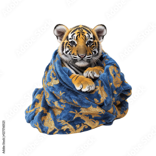 Adorable Tiger Cub Snuggled in a Luxurious Blue Blanket