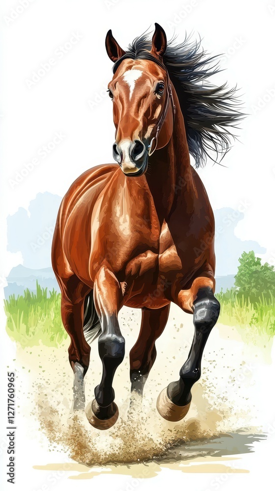 Obraz premium Majestic brown horse galloping through open fields under a clear sky during a sunny day in nature