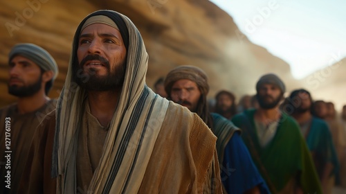 The Exodus of the Israelites from Egypt. Moses, by the spirit of God, leads the Israelite captives through the wilderness. Divine power. Old Testament. Crowd of people walking through the desert. 