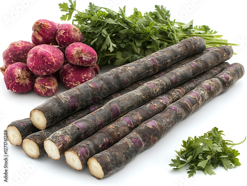 Vibrant purplehued roots  earthy dark brown scorzonera, nestled alongside fresh parsley sprigs. photo