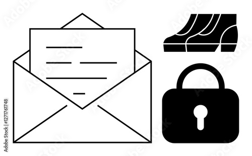 Open envelope with letter, escalator steps, and padlock locked. Minimalistic black-and-white symbols. Ideal for email privacy, digital communication, internet safety, data protection