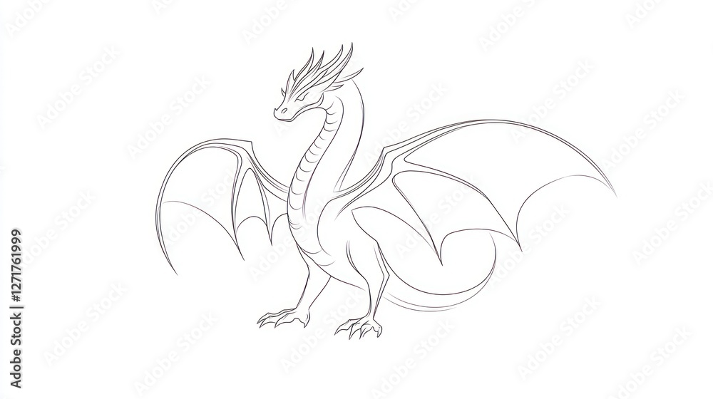Fototapeta premium Dragon line art, fantasy creature, elegant design, simple drawing, illustration