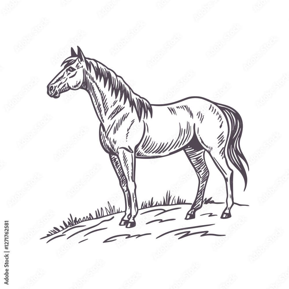 Minimalist Running Horse Illustration with Flowing Mane, Emphasizing Movement and Grace