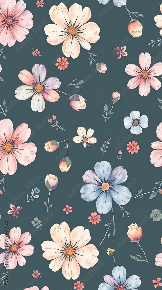 A whimsical seamless pattern of hand-drawn flowers in a watercolor style, exhibiting soft pastel colors and a slightly blurred effect, creating a delicate and romantic aesth.