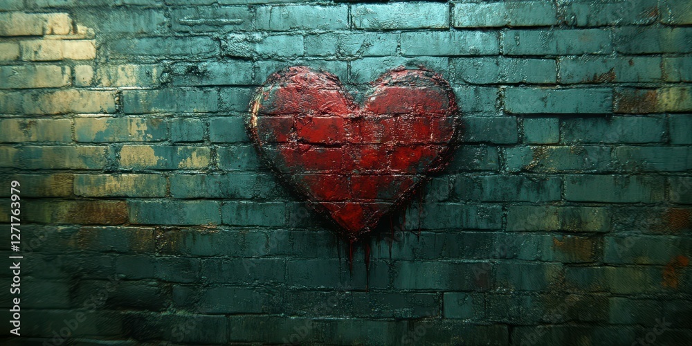 Bold red heart mural on textured blue brick wall creates an urban art statement Bold red heart mural on textured blue brick wall creates an urban art statement