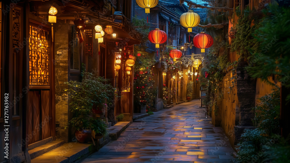 A quiet alley illuminated by rows of hanging red and gold lanterns A quiet alley illuminated by rows of hanging red and gold lanterns