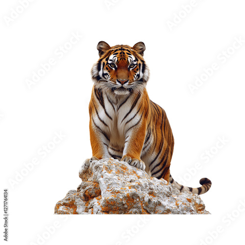 Majestic Siberian Tiger Perched on a Rock, Isolated on White Background