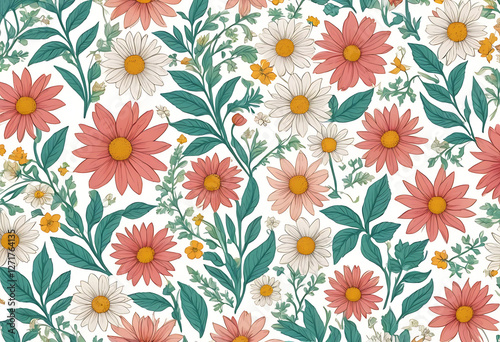 Seamless floral pattern with orange and pink flowers on white background.