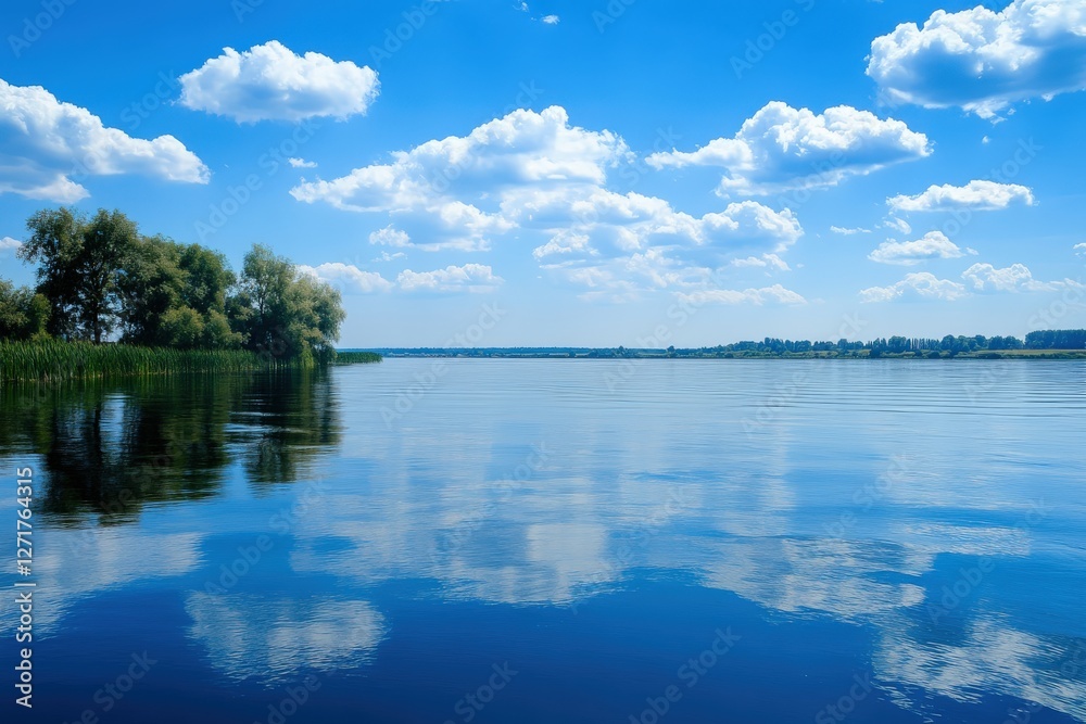 Fototapeta premium Calm river reflecting blue sky and white clouds on sunny summer day