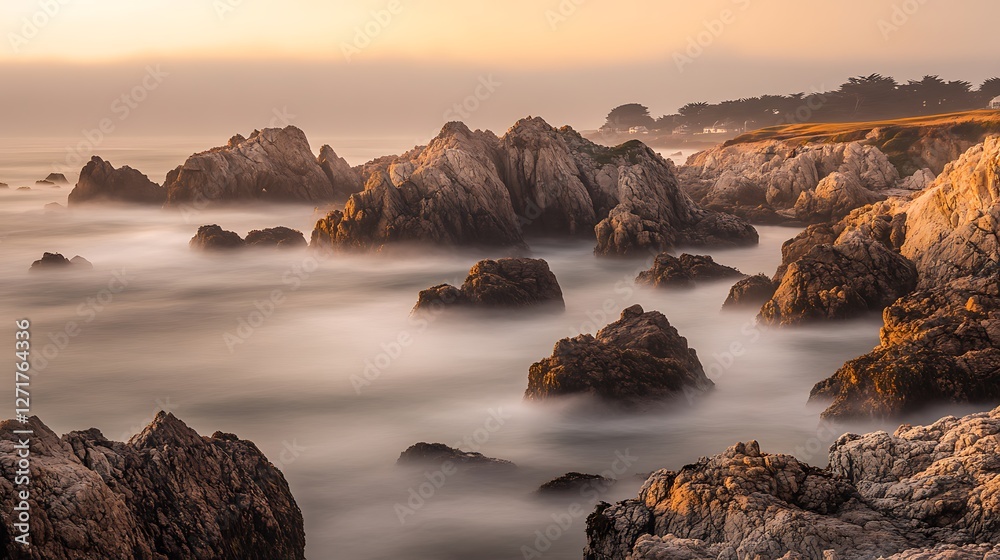 Coastal Rocks Sunset Misty Ocean Scene Coastal Rocks Sunset Misty Ocean Scene