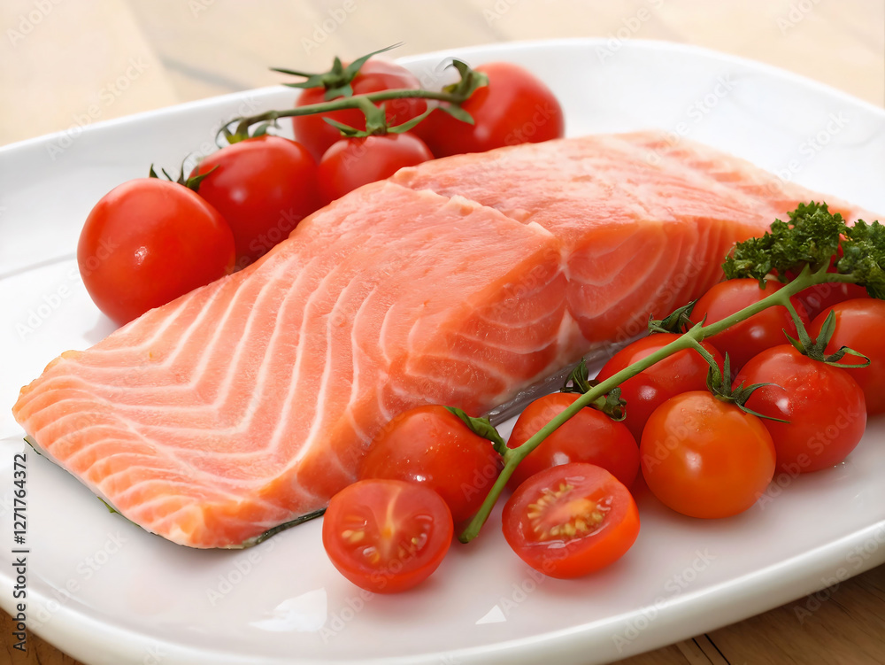 A white plate atop a wooden surface, featuring a piece of salmon accompanied by cherry tomatoes and a sprig of parsley. The salmon has a pinkish hue, while the tomatoes are a vibrant red. The parsley A white plate atop a wooden surface, featuring a piece of salmon accompanied by cherry tomatoes and a sprig of parsley. The salmon has a pinkish hue, while the tomatoes are a vibrant red. The parsley