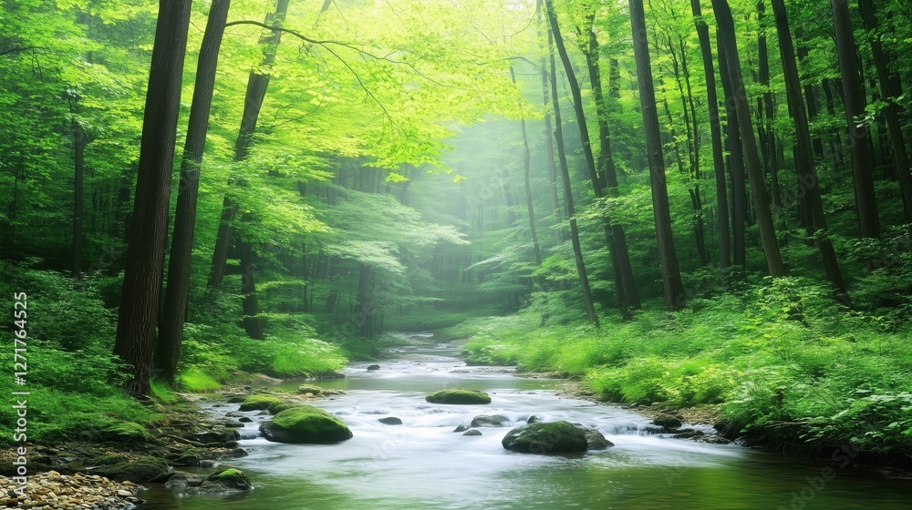 Fototapeta premium A serene forest scene featuring a flowing stream surrounded by vibrant green trees.