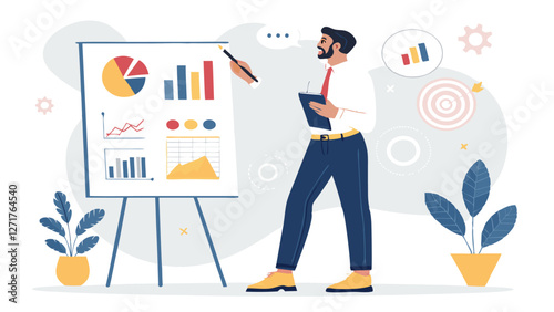 Business Team Analyzing Data Charts on Transparent Background