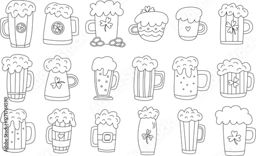Hand drawn doodle set of beer mugs for St. Patrick’s Day. Black outline vector illustration with foamy drinks, shamrocks and decorative elements. For coloring pages, clipart, and festive projects