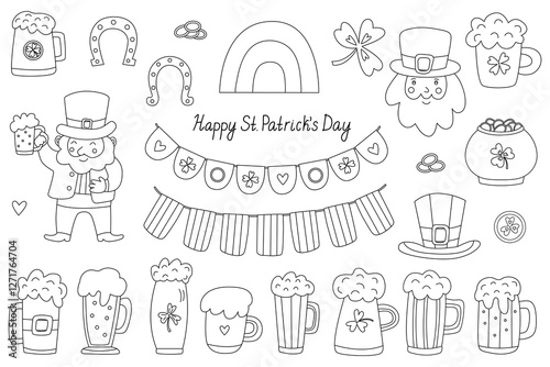 Hand drawn doodle set with black outlines for St. Patrick’s Day. Includes leprechauns, beer mugs, rainbows, shamrocks, gold coins, and garlands. Great for coloring pages, crafts and festive designs