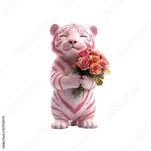 Adorable Pink Tiger Cub Holding a Bouquet of Roses