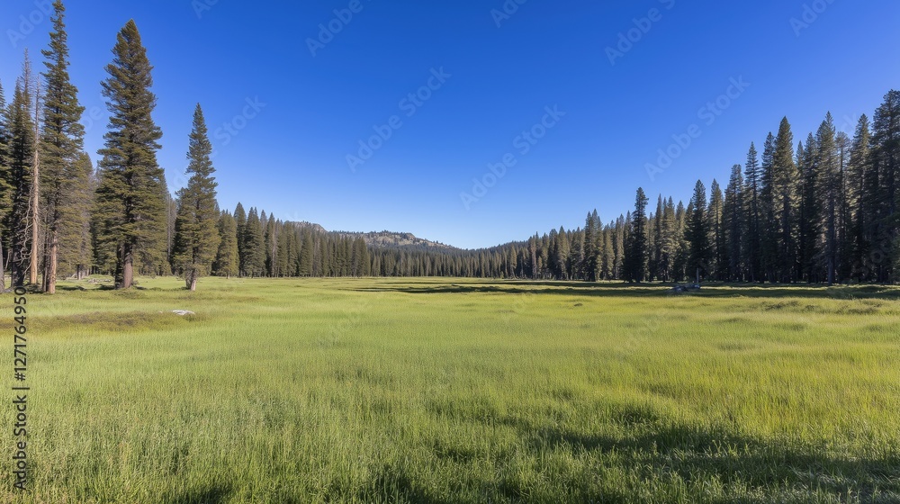 Fototapeta premium A serene green meadow with tall trees under a clear blue sky.