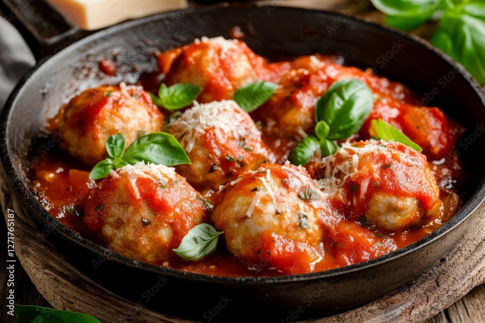 Turkey meatballs simmering in tomato sauce with basil and parmesan cheese Turkey meatballs simmering in tomato sauce with basil and parmesan cheese