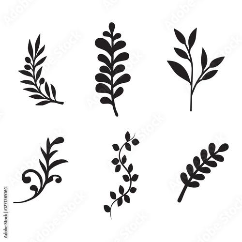 Leaves and branches silhouettes set. Wild plants and garden leaves silhouettes on white background stock illustration