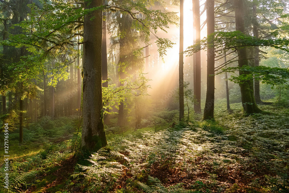 Obraz premium Panoramic landscape, beautiful rays of sunlight in a silent green forest. Royalty high-quality free best stock of sunlight shining through the vibrant lush green foliage, dynamic scenery