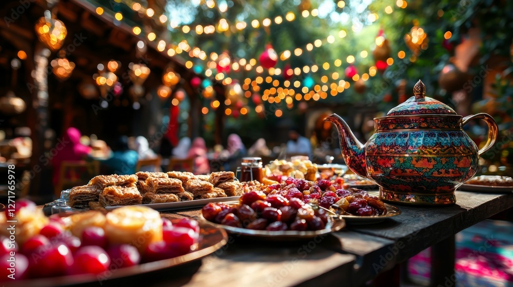 Long wooden tables are beautifully arranged dates baklava fruit platters and aromatic tea pots creating vibrant atmosphere for families celebrating Eid al Fitr fairy lights. Long wooden tables are beautifully arranged dates baklava fruit platters and aromatic tea pots creating vibrant atmosphere for families celebrating Eid al Fitr fairy lights.