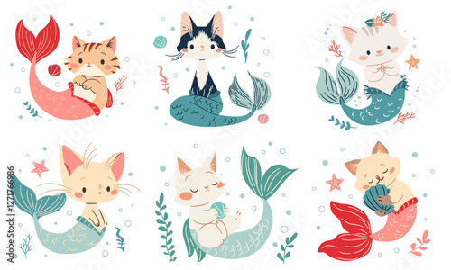 A set of flat vector illustrations in a simple children's style. Cute mermaid cats with fish tails, shells, seaweed and starfish. Vector illustration