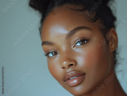  close-up of a person with a radiant complexion, featuring neatly groomed eyebrows, long eyelashes, and glossy lips. The background is a simple light blue, emphasizing the subject's facial features.