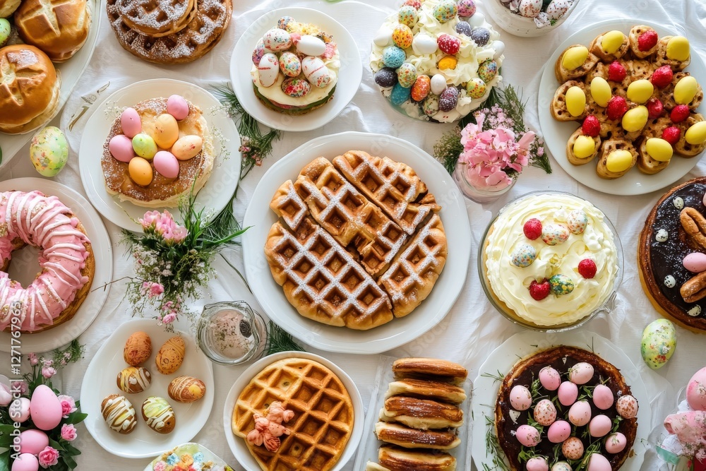 Delicious easter brunch featuring waffles, cakes, and colorful eggs celebrating spring festivities Delicious easter brunch featuring waffles, cakes, and colorful eggs celebrating spring festivities