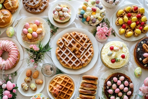 Delicious easter brunch featuring waffles, cakes, and colorful eggs celebrating spring festivities photo