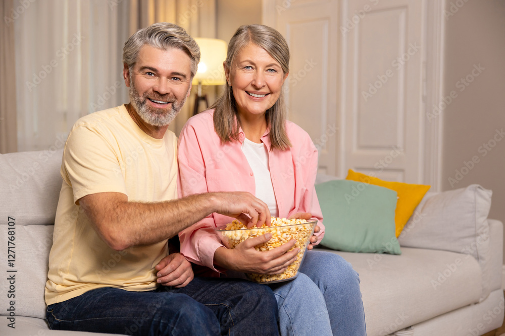 Mature couple spending time together at home and eating popcorn. Mature couple spending time together at home and eating popcorn.