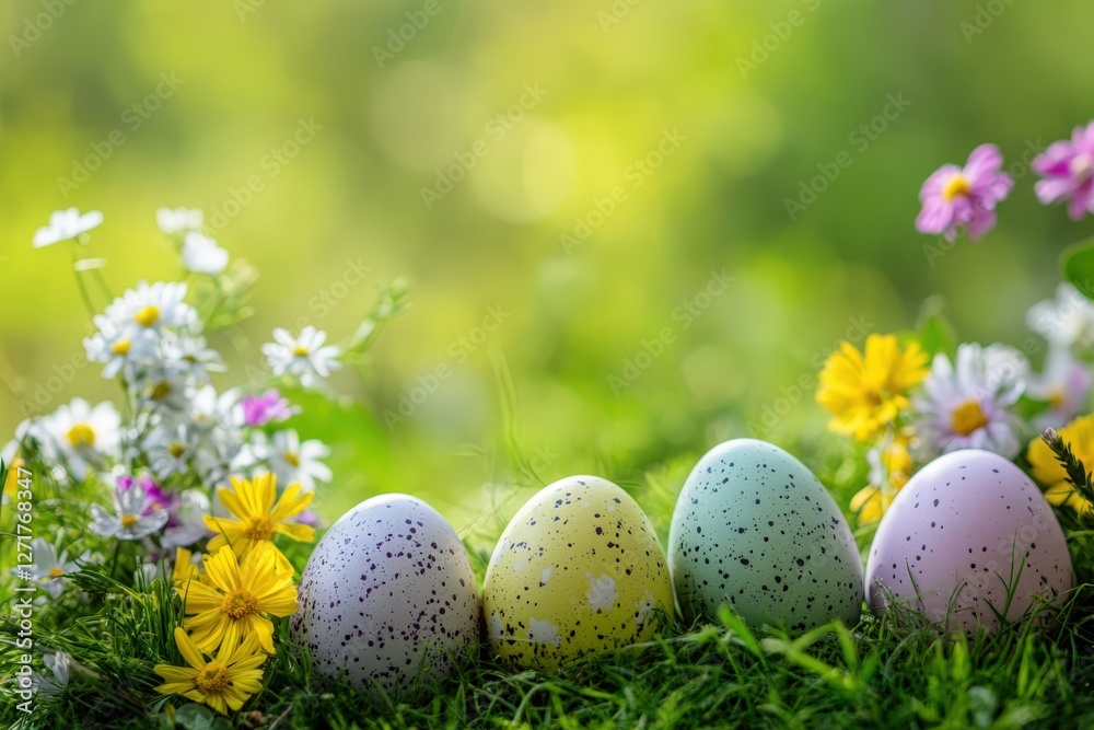 Fototapeta premium Colorful easter eggs hiding in green grass with wildflowers