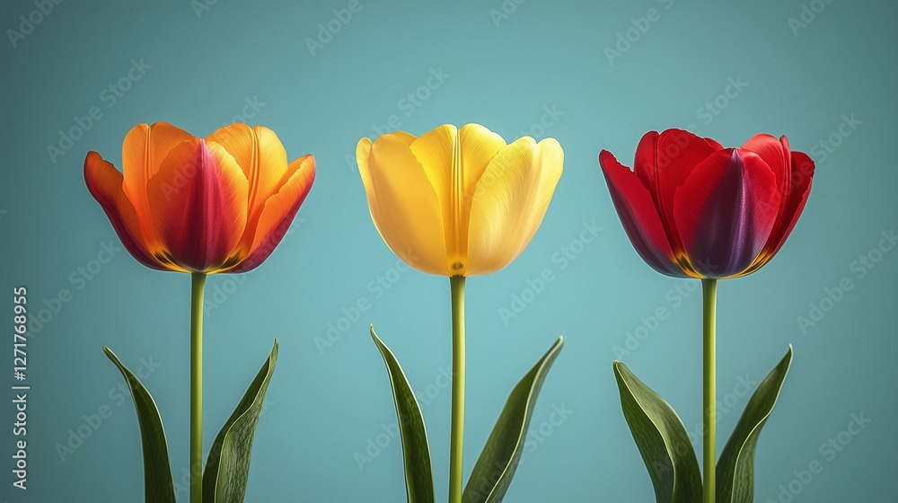 Three vibrant tulips in orange yellow and red stand tall against a serene blue background Three vibrant tulips in orange yellow and red stand tall against a serene blue background